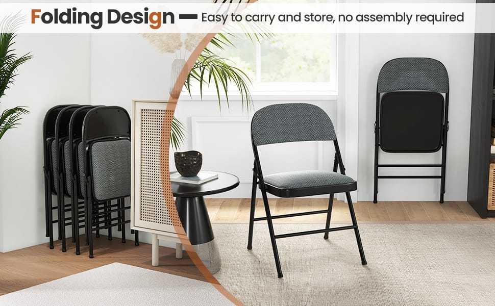 4-Pack Folding Chairs Home Office Chairs with Padded Seat, Metal Frame Fabric Dining Chairs Set of 4 Outdoor Indoor Upholstered Restaurant Chairs