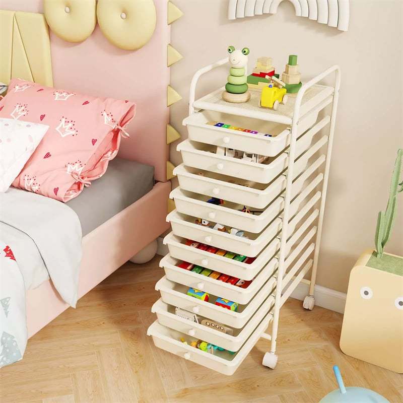 10-Drawer Rolling Storage Cart, Utility Cart with Drawers & Lockable Wheels, Mobile Art Craft Drawer Cart for Home Office, School