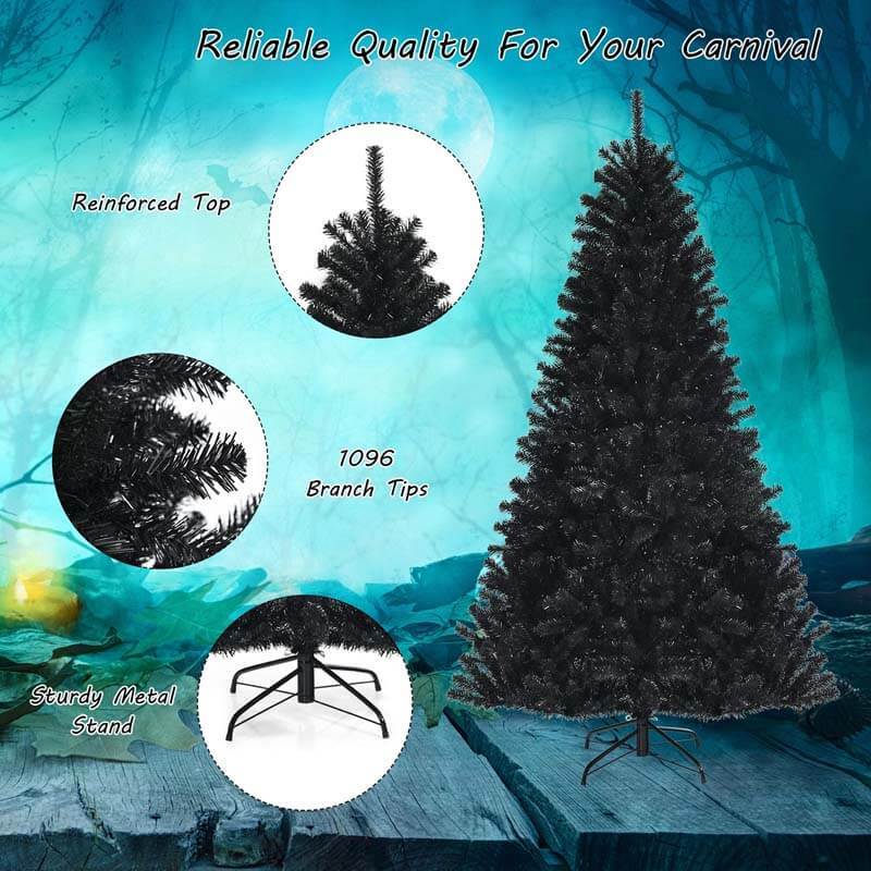 7FT Pre-Lit Black Christmas Tree with 500 Purple LED Lights, 1096 Branch Tips & Metal Stand, Hinged Artificial Halloween Tree for Holiday Decor