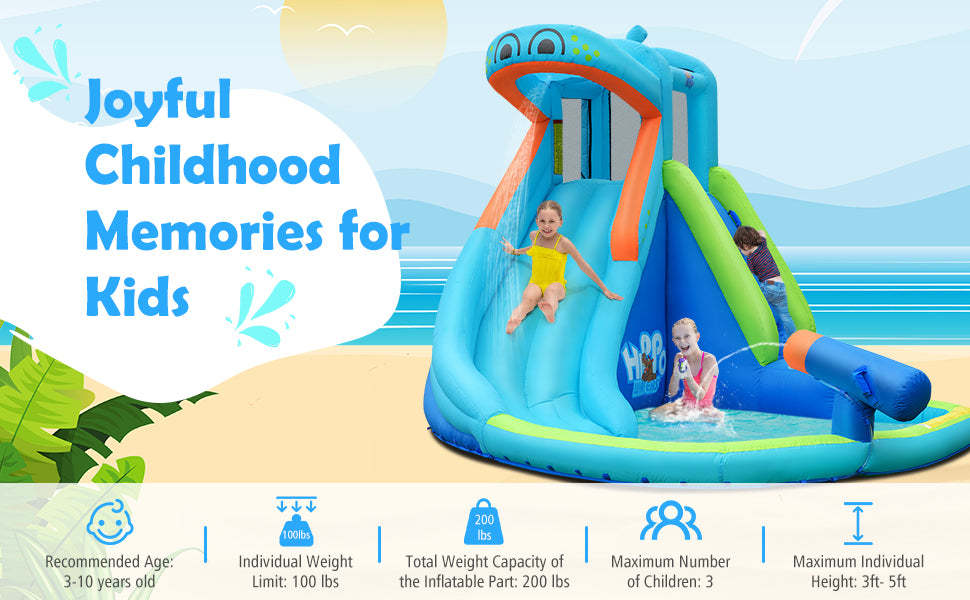 5 in 1 Inflatable Water Slide Hippo Water Park Bounce House with 740W Air Blower