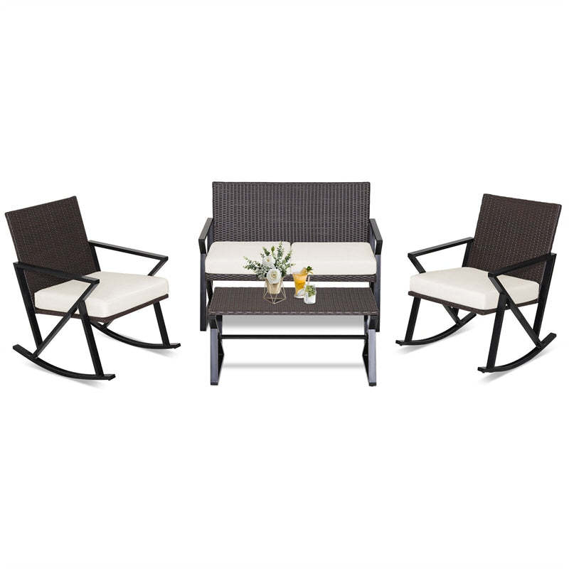 4PCS Wicker Rocking Patio Furniture Set Heavy Duty PE Rattan Outdoor Rocking Chairs Set with Cushions, Loveseat & Coffee Table for Porch Balcony