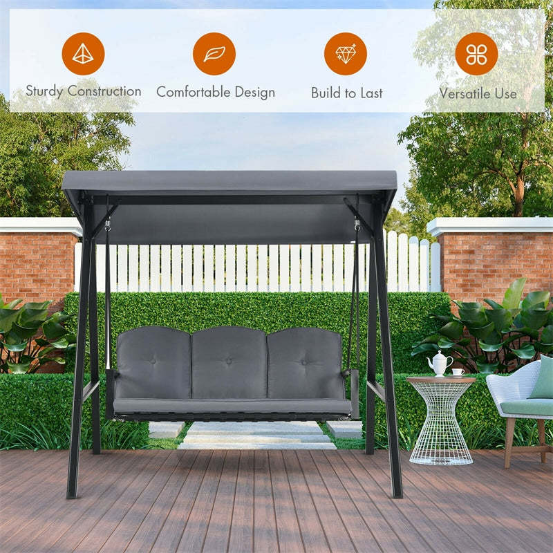 Outdoor 3-Person Patio Swing with Adjustable Canopy & Removable Cushions, All-Weather Steel Frame Porch Swing for Garden, Poolside, Backyard