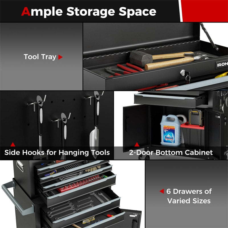 6-Drawer Rolling Tool Chest, Extra Large Tool Storage Cabinet with Lockable Wheels & Auto Lock, 2-in-1 Heavy-Duty Tool Box for Garage, Workshop