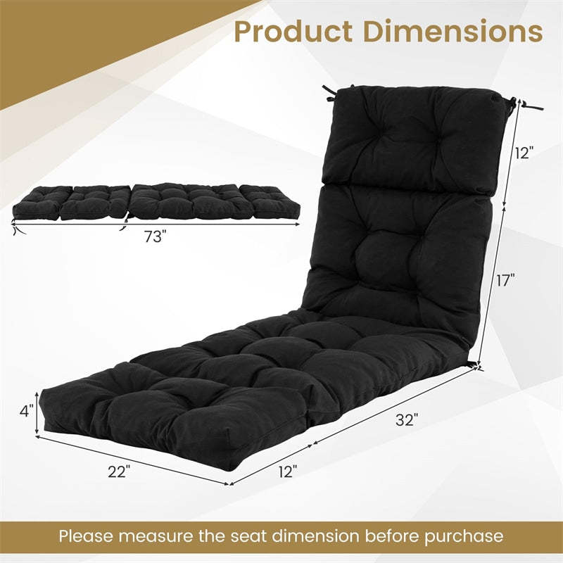 73" Thick Waterproof Outdoor Chaise Lounge Cushion with String Ties, All-Weather Patio Recliner Chair Pad for Poolside, Garden & Indoor Use