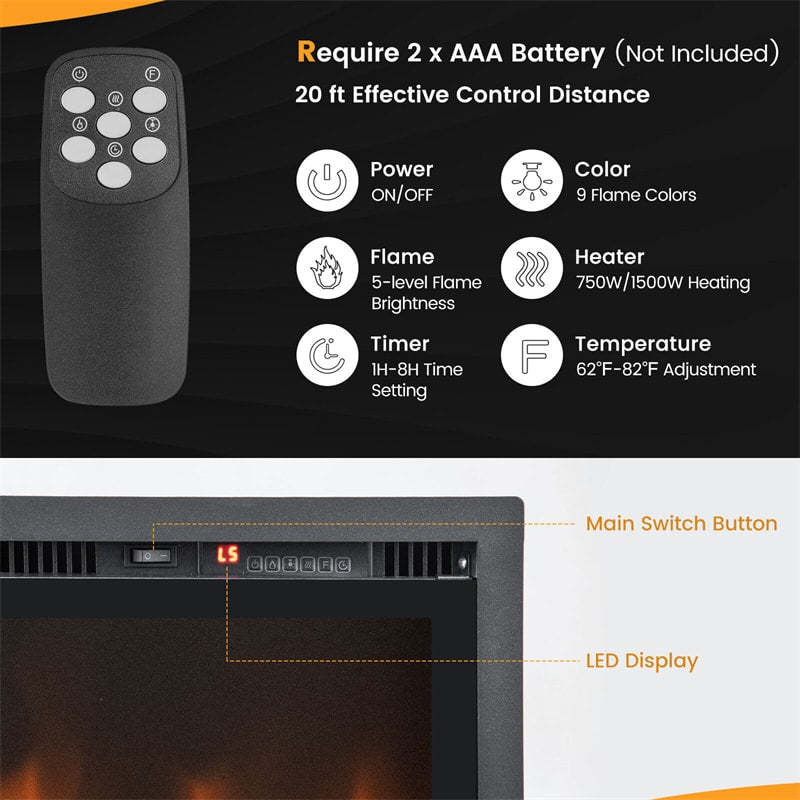 50" Linear Electric Fireplace Wall Mounted Freestanding Recessed Fireplace 1500W Slim Fireplace Heater with Remote Control