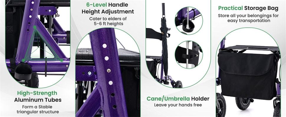 Foldable Rollator Walker for Seniors, Height Adjustable Rolling Walker with Seat, 9.5" Pneumatic Wheels, Storage Bag, Bariatric Rollator 350LBS