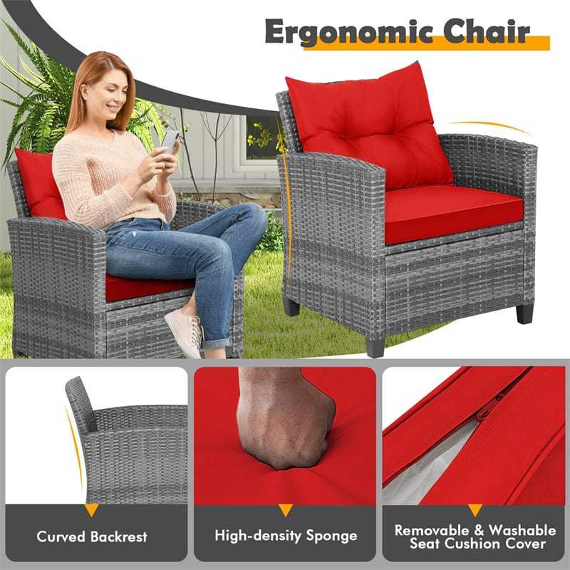 3PCS Patio Rattan Furniture Set Outdoor Conversation Set Wicker Bistro Set with Cushioned Chairs & Tempered Glass Side Table