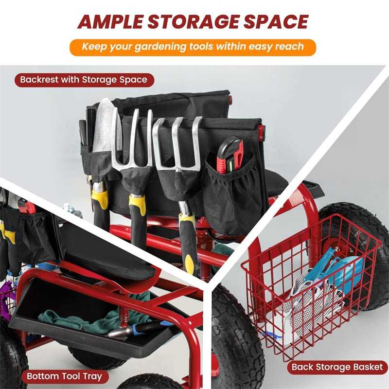 Rolling Garden Cart with 360° Swivel Seat, Tool Tray, Storage Basket, Removable Cushion & Handle, Height Adjustable Gardening Workseat for Patio Lawn