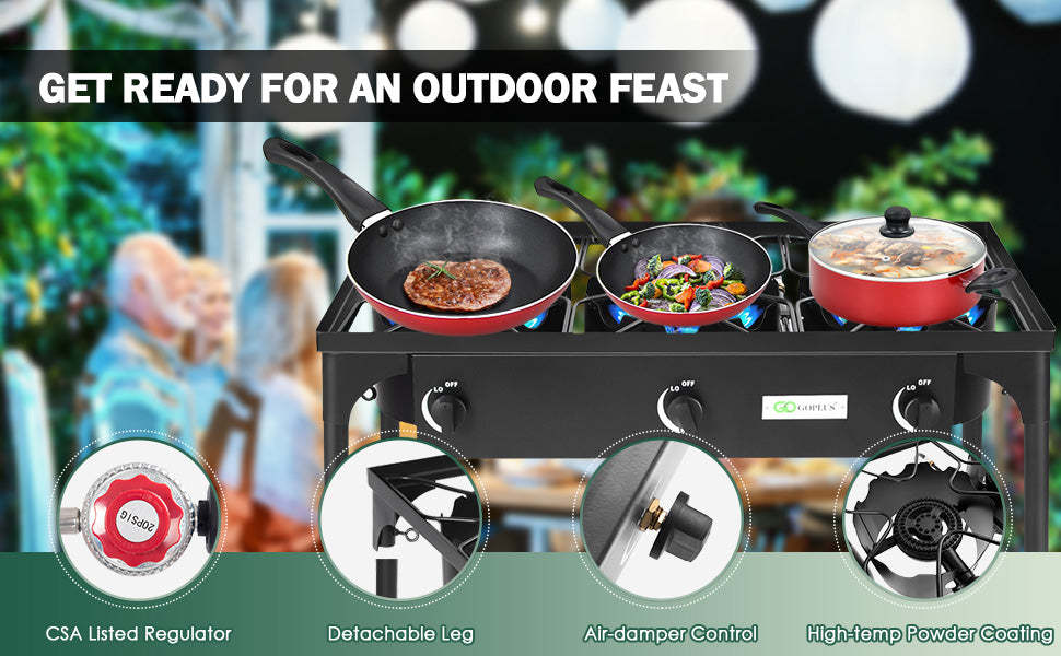 Outdoor Camping Stove Portable Propane 3 Burner Gas Cooker with CSA Regulator