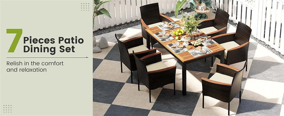 7 Piece Patio Dining Set PE Rattan Outdoor Dining Furniture Set for 6 with Stackable Wicker Chairs, Acacia Wood Table, Umbrella Hole & Seat Cushions