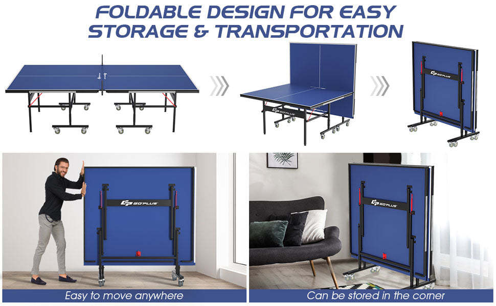 Foldable Table Tennis Table 9'x5' Professional Ping Pong Table with Single/Double Player Mode & Wheels for Indoor Outdoor Playing