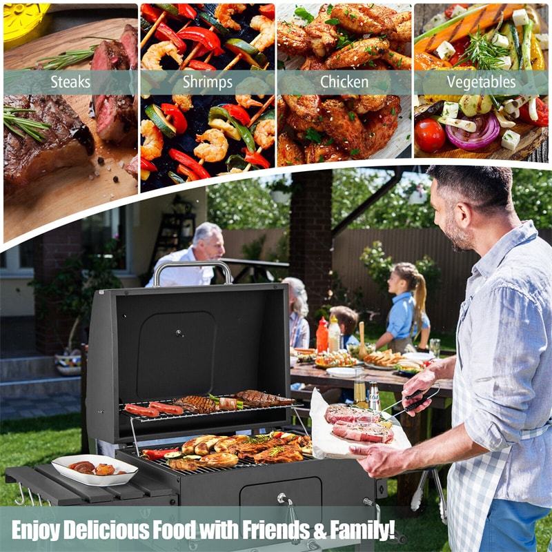24" Heavy Duty Charcoal Grill Outdoor BBQ Grill with 2 Foldable Side Tables, Storage Shelf & 2 Wheels for Picnic Party Camping Backyard