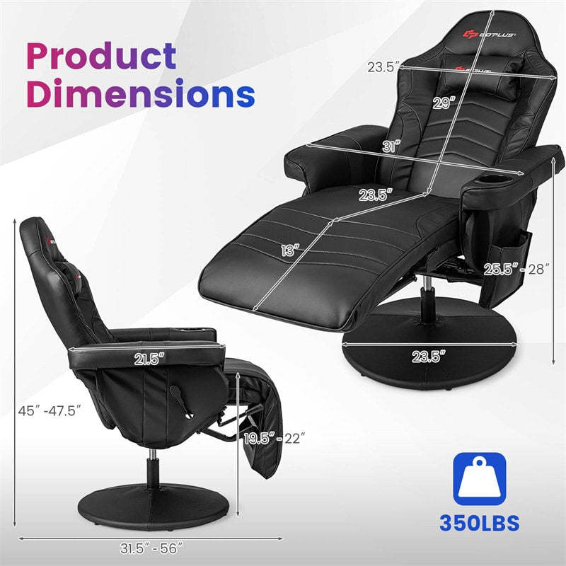 Gaming Recliner Adjustable Height Massage Gaming Chair with Retractable Footrest & Cup Holder, Ergonomic Swivel Video Game Chair Recliner Sofa