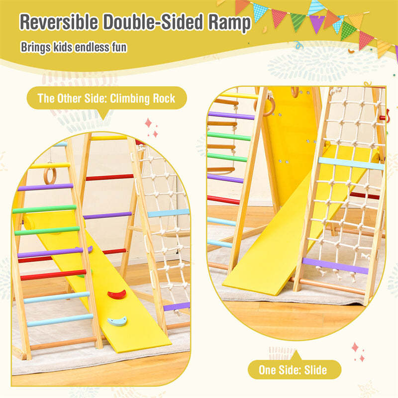 8-in-1 Montessori Toddler Indoor Playground Jungle Gym Wooden Climber Playset Climbing Toys with Slide & Gymnastic Rings