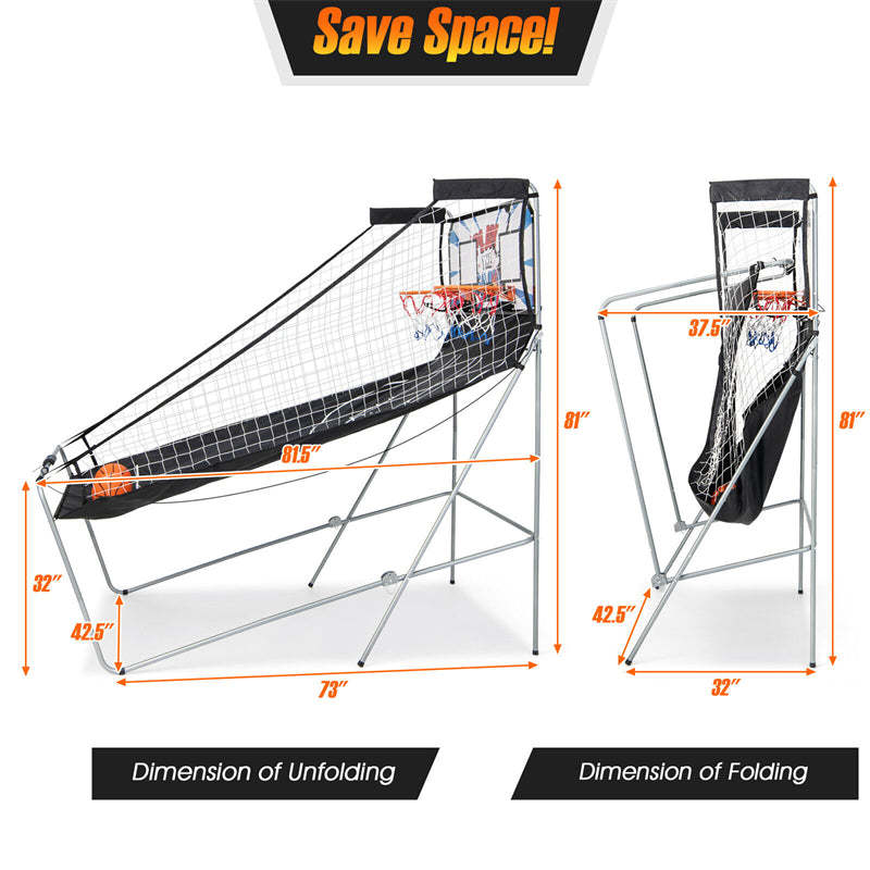 Folding Basketball Arcade Game, Indoor Outdoor Dual Shot Electronic Basketball Game with 8 Game Modes, 4 Balls, LED Scoring for Kids & Adults