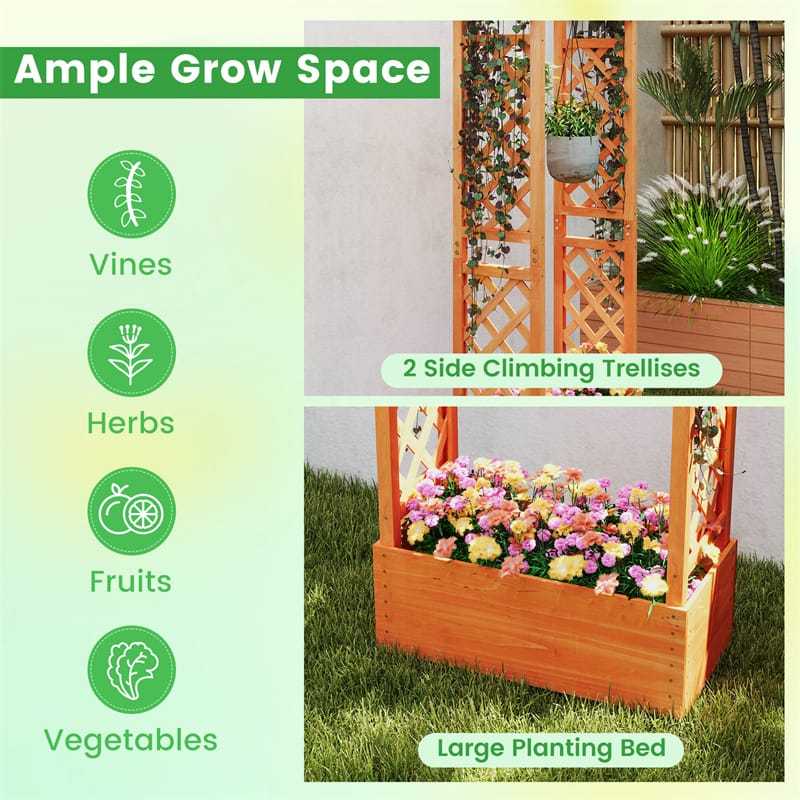 Raised Garden Bed with 2-Sided Trellis, Hanging Roof, Drainage Holes, Indoor/Outdoor Wood Planter Box for Climbing Plants, Vines, Flowers