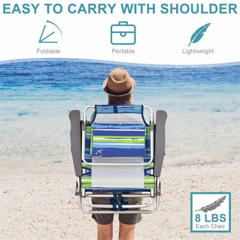 4 Pack Folding Backpack Beach Chairs, 5-Position Adjustable Sling Camping Chairs Reclining Beach Chairs with Head Pillows, Ice Pack, Cup Holder