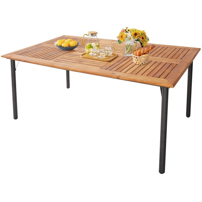 63" Acacia Wood Patio Dining Table, 6-Person Rectangular Dining Table with 1.9" Umbrella Hole & Metal Legs for Indoor Outdoor, Deck, Backyard