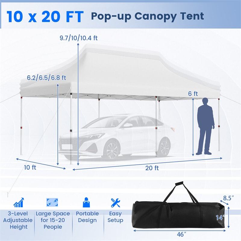 10 x 20FT Pop Up Canopy, Instant Setup Outdoor Canopy Tent with 6 Sandbags & Carrying Bag, UPF50+ Sun Protection Tent for Events, Camping