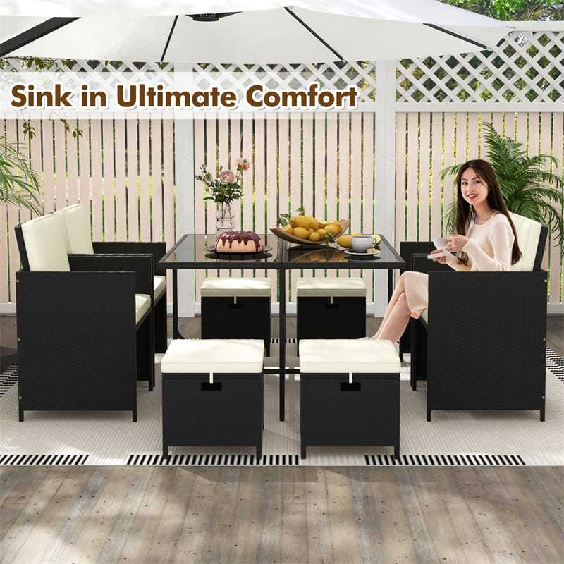 9 Pieces Outdoor Dining Furniture Set Rattan Patio Conversation Set Space Saving Wicker Cushioned Chairs Tempered Glass Table with Ottomans