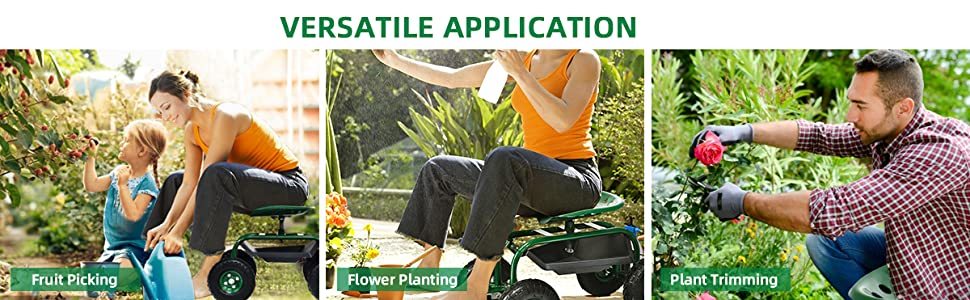 Heavy Duty Rolling Garden Cart with 360 Swivel Seat and Mesh Basket