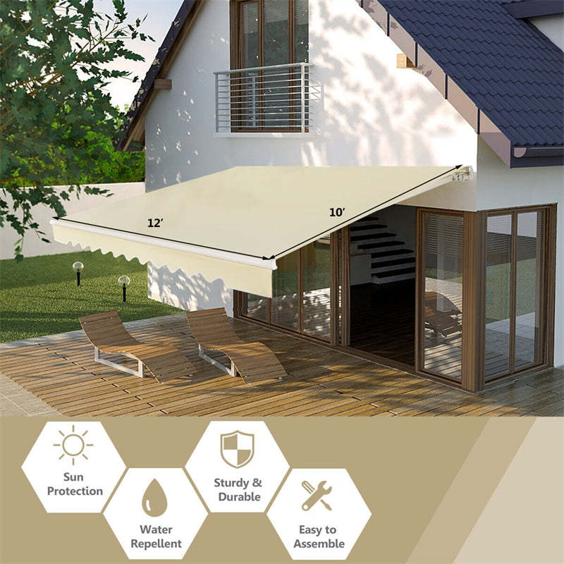 12x10FT Retractable Awning, Weather-Resistant Aluminum Sun Shade with Crank Handle, Patio Awning Cover for Balcony, Garden, Deck, RVs