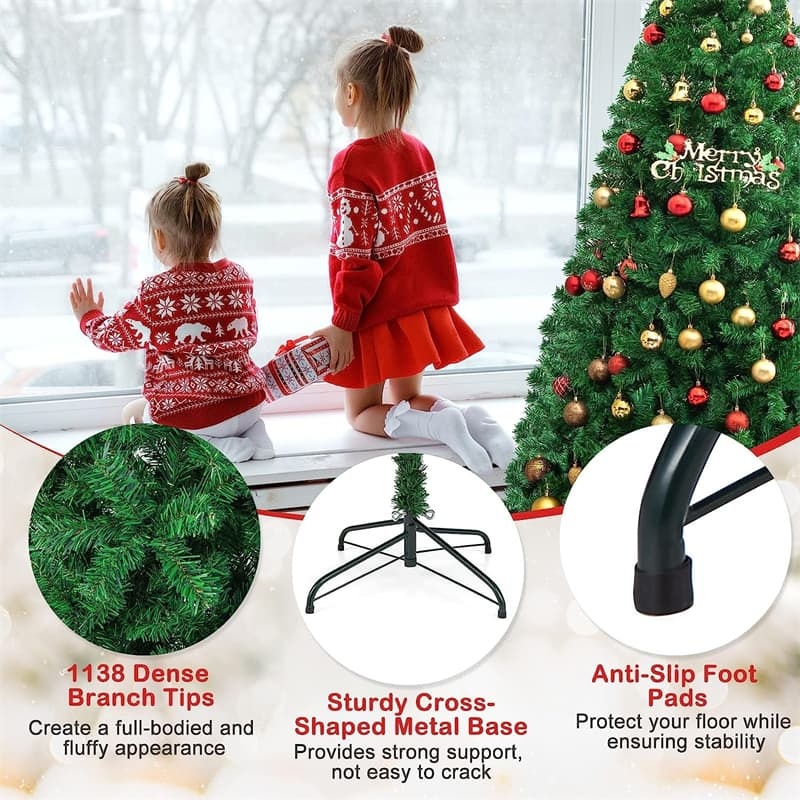 8ft Green Artificial Christmas Tree Unlit Pine Xmas Tree with 1138 PVC Branch Tips, Solid Metal Stand for Outdoor Indoor Holiday Decoration