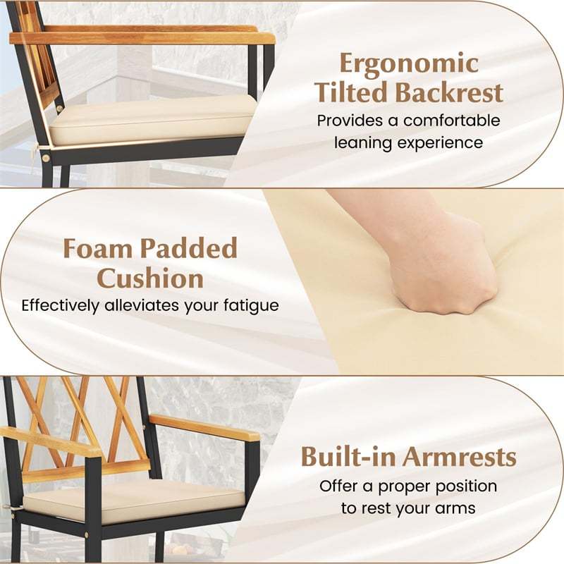 Metal Patio Dining Chairs with Removable Padded Cushions, Acacia Wood Backrests & Armrests, 400LBS Capacity Outdoor Bistro Chairs Crossed Back