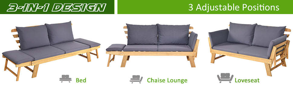 Outdoor Daybed Acacia Wood Convertible Couch Sofa Bed with Adjustable Armrest & Cushion