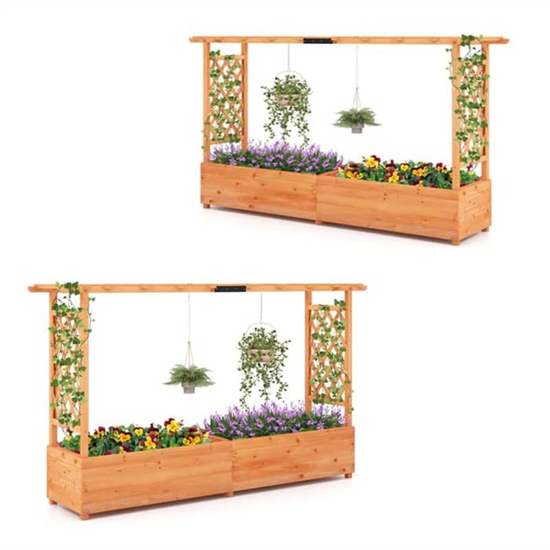 2PCS Raised Garden Bed with 2-Sided Trellis, Hanging Roof, Drainage Holes, Fir Wood Planter Box for Flowers, Herbs, Climbing Vines, Garden Patio Yard