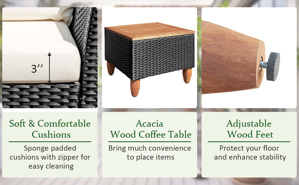 3-Piece Rattan Bistro Sofa Set Patio Furniture Set with Washable Cushions