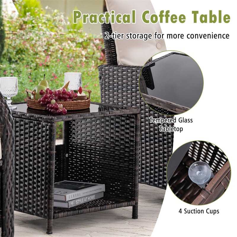 5PCS Wicker Patio Conversation Set Space Saving Outdoor Rattan Sofa Set Cushioned Chairs with 2 Ottomans & Tempered Glass Coffee Table for Backyard