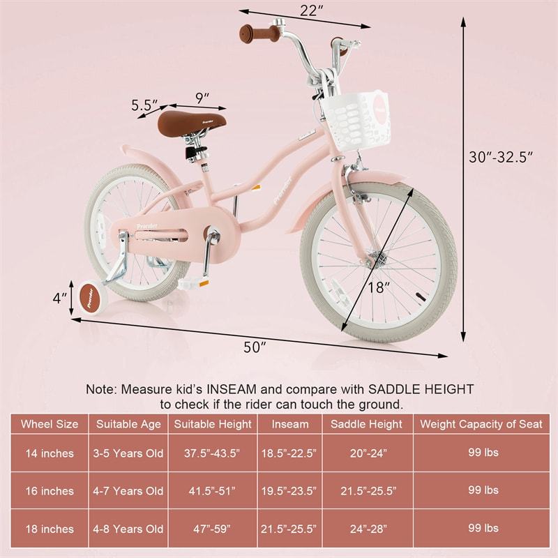 18" Kids Bike, Toddler Bicycle Girls Boys Bike for 3-8 Years Old with Training Wheels Adjustable Seat Removable Basket