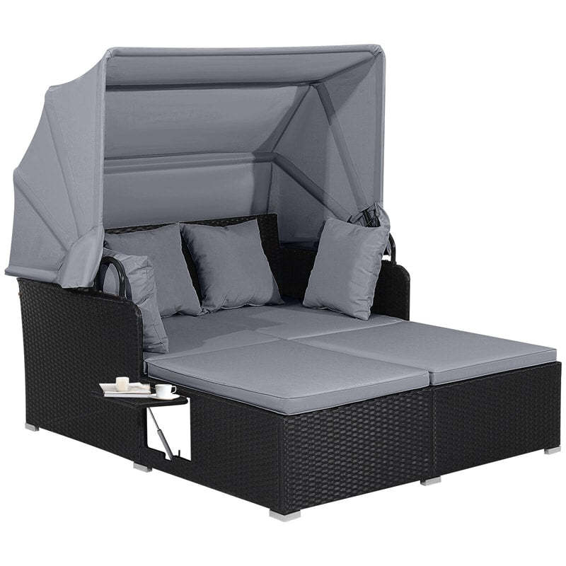 Outdoor Wicker Daybed, Hand-Woven Rattan Daybed with Retractable Canopy, 2 Side Tables, Soft Cushions, Chaise Loveseat for Garden Backyard