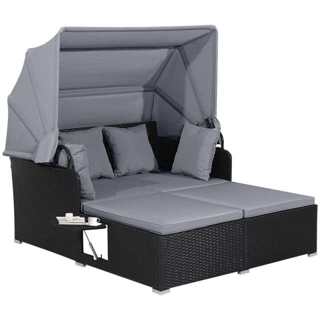 Outdoor Wicker Daybed, Hand-Woven Rattan Daybed with Retractable Canopy, 2 Side Tables, Soft Cushions, Chaise Loveseat for Garden Backyard
