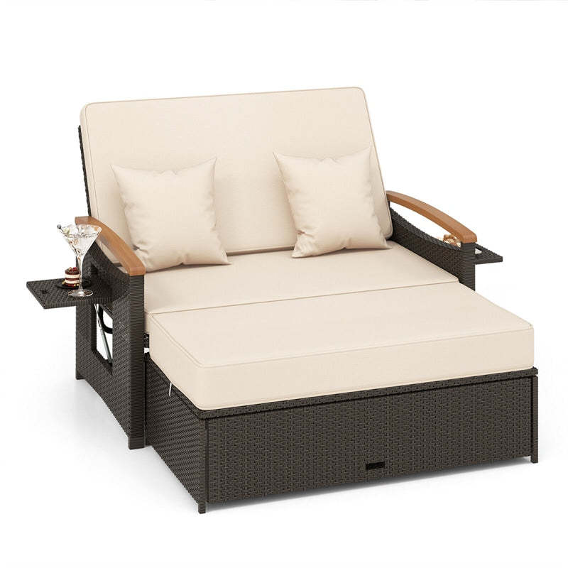 Patio Rattan Daybed Set with Cushioned Loveseat, Storage Ottoman, Retractable Side Tray, Backrest Adjustable Outdoor Double Chaise Lounge