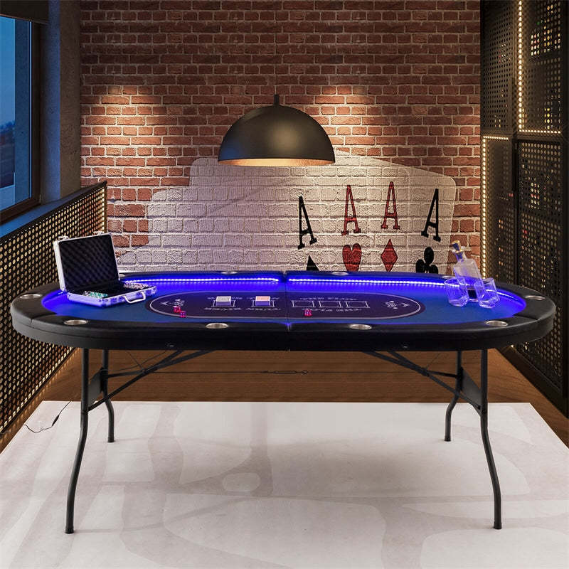 10-Player Poker Table, Foldable Casino Leisure Table Card Game Table Texas Holdem Table with LED Lights, Cup Holder & 4 USB Ports for Blackjack Board