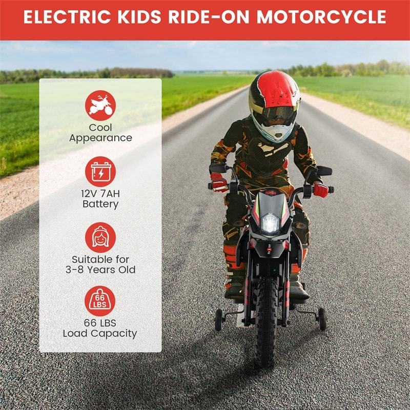 12V Kids Ride On Motorcycle, Licensed Aprilia Electric Dirt Bike with Training Wheels & Headlights, Battery Powered Ride On Car for Ages 3+