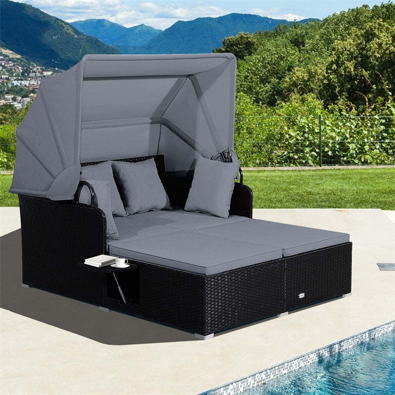 Outdoor Wicker Daybed, Hand-Woven Rattan Daybed with Retractable Canopy, 2 Side Tables, Soft Cushions, Chaise Loveseat for Garden Backyard