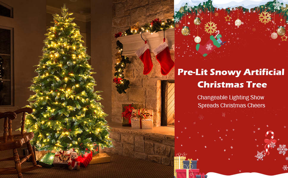 5FT Pre-Lit Snowy Hinged Artificial Christmas Tree with Multicolor LED Lights and Flash Modes
