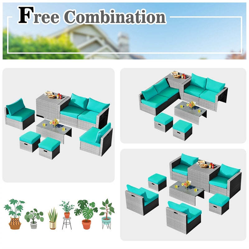8 Piece Patio Furniture Set, PE Rattan Sectional Sofa Set with Storage Box, Ottomans, Coffee Table, Waterproof Cushions for Poolside/Balcony
