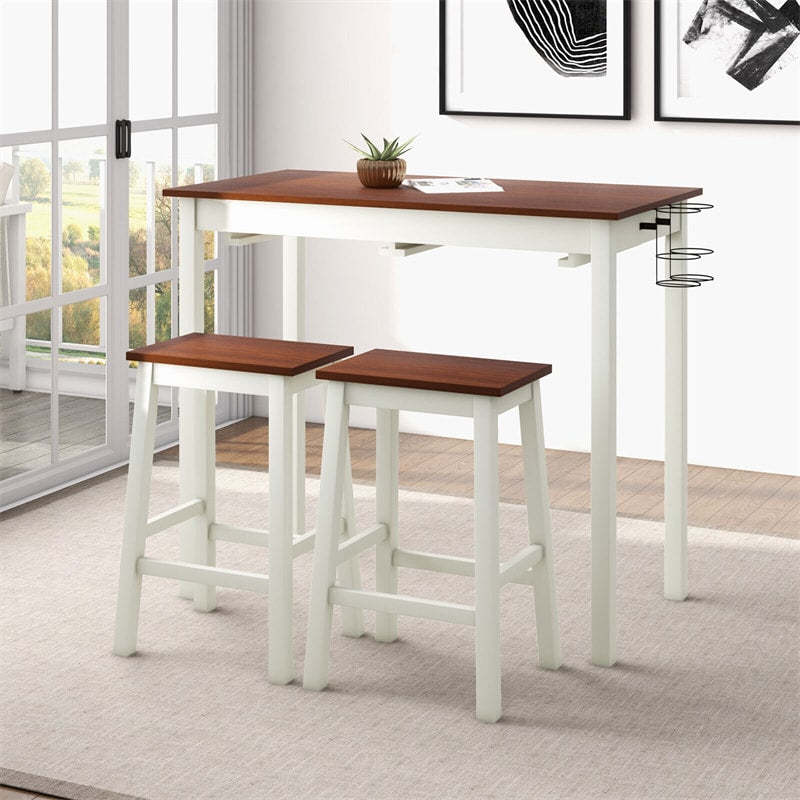 3-Piece Bar Table Set Counter Height Dining Set Space Saving Dinette Table with 2 Stools & 2 Wine Holders for Bar Kitchen Living Room