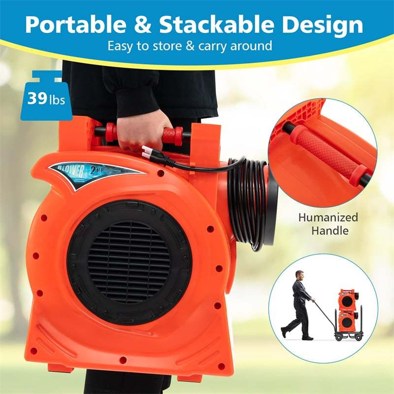 Commercial Air Blower 2HP/1500W Bounce House Blower with Handle, Air Blower Pump Fan for Inflatables Water Slide Bouncy Castle & Holiday Decorations