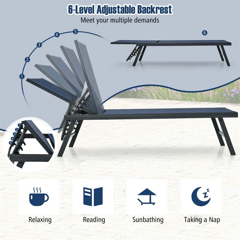 3-Piece Outdoor Aluminum Chaise Lounge Set with Side Table, 6-Position Adjustable Backrest Patio Lounge Chair for Poolside & Backyard