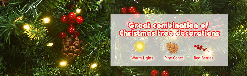 Pre-lit Hinged Pencil Artificial Christmas Tree w/ Pine Cones Red Berries and LED Lights