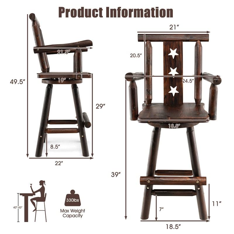 Rustic Swivel Bar Stool, 29" Wood Bar Height Bistro Chair with Footrest, Decorative Star Back & Wide Armrest for Kitchen Restaurant Pub