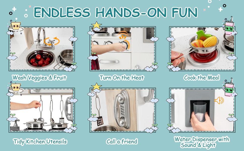 Kids Kitchen Playset Toddler Wooden Pretend Play Kitchen Toy Set with Cookware Utensil Water Dispenser & Storage Cabinet