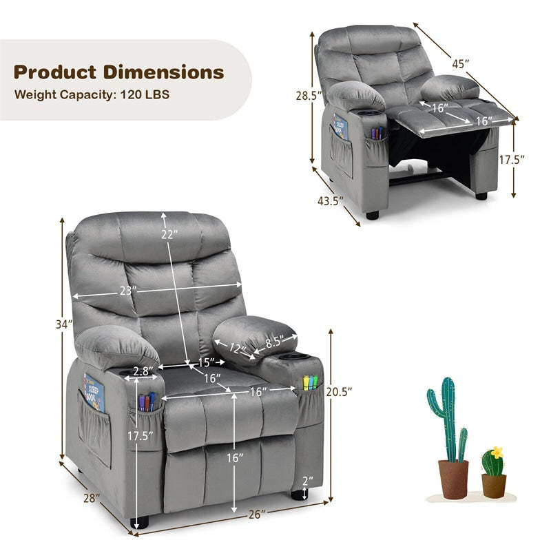 Kids Recliner Chair, Adjustable Velvet Recliner with Footrest, 2 Cup Holders & Side Pockets, Ergonomic Toddler Recliner Sofa for Boys Girls Room