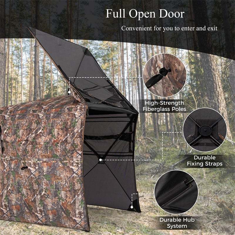 One-Way See-Through Hunting Blind 360 Degree Ground Blind 2-3 Person Camouflage Turkey Hunting Tent with Full-Open Door, Carrying Bag