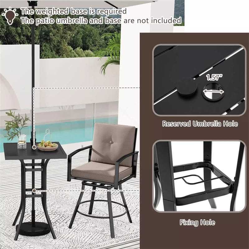 3-Piece All-Weather Metal Patio Bar Set, Outdoor 360° Swivel Bar Stools & Table with Removable Cushions & Umbrella Hole for Poolside, Deck, Backyard